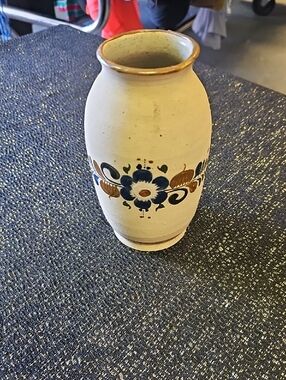 Hand-Painted Ceramic Vase in Cream with Blue and Brown Floral Motif